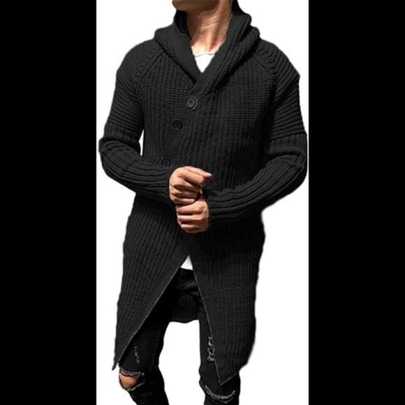 Esobo Mens Cardigan Sweater Hood Button Closure Long Sleeve Knit Slim Fit